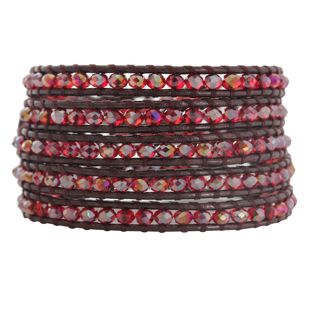 Chan Luu Iridescent Red AB Crystal on Maroon Leather Wrap Bracelet BS-3469