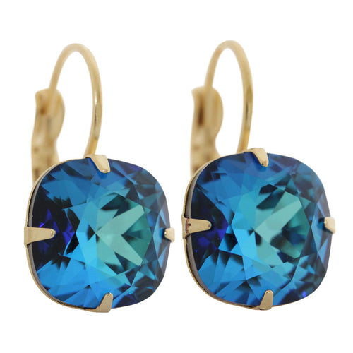 Liz Palacios 14k Gold Plated Large Cushion Swarovski Crystal Earrings, JE-6 Bermuda Blue
