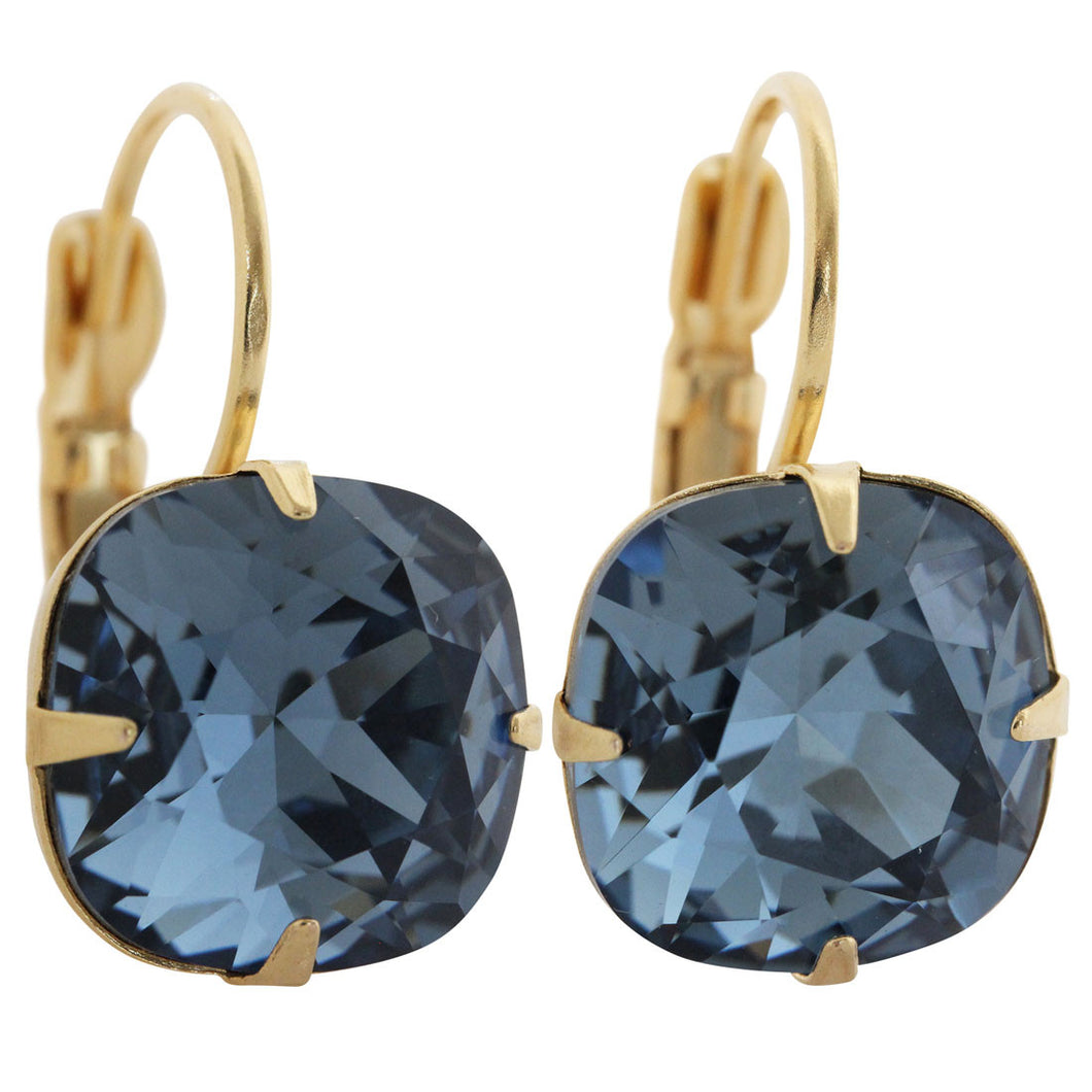 Liz Palacios 14k Gold Plated Large Cushion Swarovski Crystal Earrings, JE-6 Denim Blue
