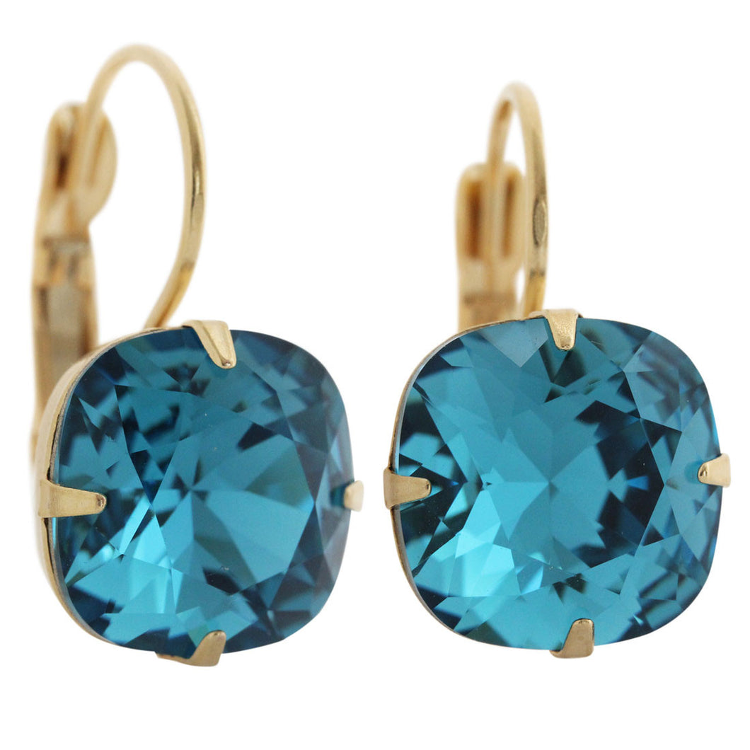 Liz Palacios 14k Gold Plated Large Cushion Swarovski Crystal Earrings, JE-6 Deep Teal Blue