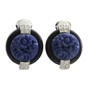 Kenneth Jay Lane Art Deco Simulated Carved Lapis with Black Base Crystal Clip On Earrings 7601EBL