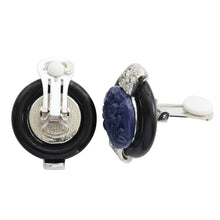 Kenneth Jay Lane Art Deco Simulated Carved Lapis with Black Base Crystal Clip On Earrings 7601EBL