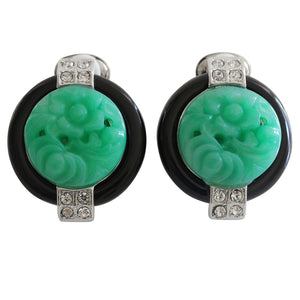 Kenneth Jay Lane Art Deco Simulated Carved Jade with Black Base Crystal Clip On Earrings 7601EBJ