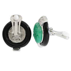 Kenneth Jay Lane Art Deco Simulated Carved Jade with Black Base Crystal Clip On Earrings 7601EBJ