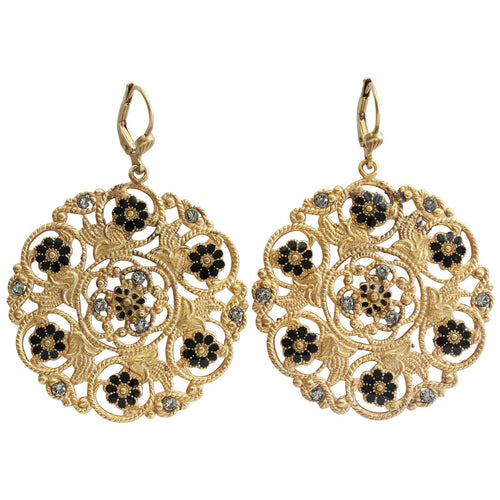 Catherine Popesco 14k Gold Plated Enamel Flower Medallion Earrings, 3094G Black
