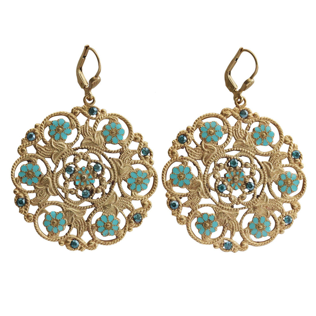 Catherine Popesco 14k Gold Plated Enamel Flower Medallion Earrings, 3094G Blue