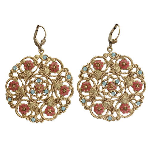 Catherine Popesco 14k Gold Plated Enamel Flower Medallion Earrings, 3094G Coral Pacific Opal