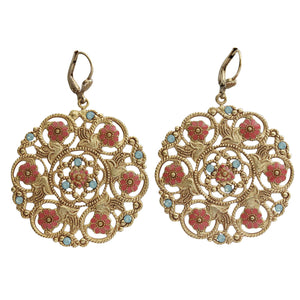 Catherine Popesco 14k Gold Plated Enamel Flower Medallion Earrings, 3094G Coral Pacific Opal
