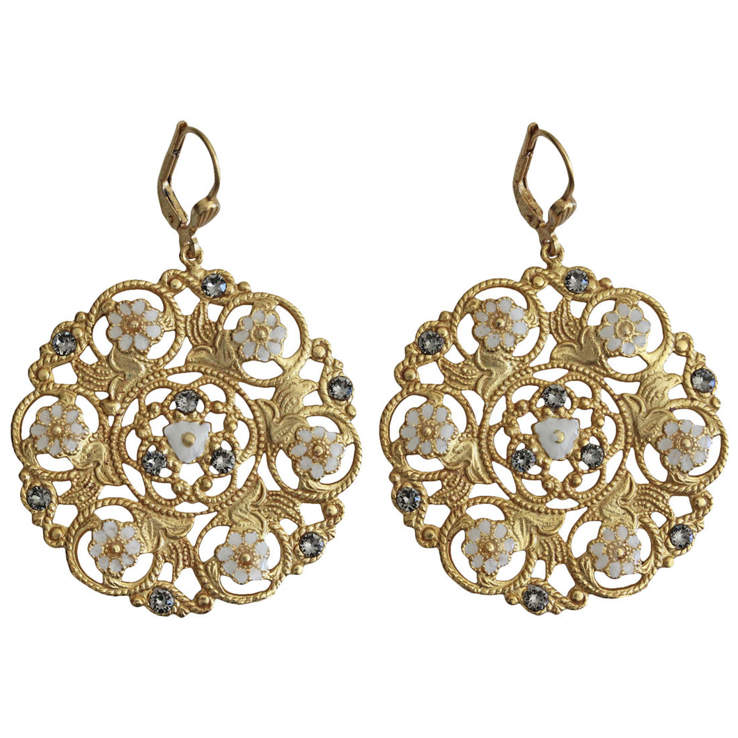 Catherine Popesco 14k Gold Plated Enamel Flower Medallion Earrings, 3094G White