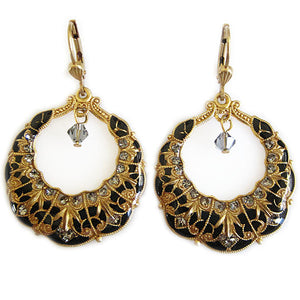 Catherine Popesco 14k Gold Plated Enamel Scallop Ornate Hoop Earrings, 3025G Black