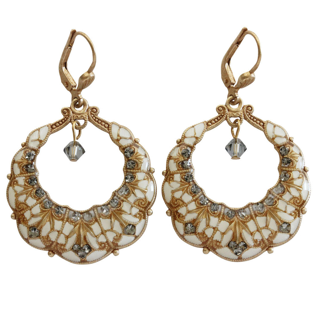 Catherine Popesco 14k Gold Plated Enamel Scallop Ornate Hoop Earrings, 3025G White