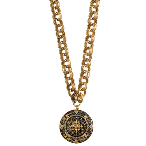 Catherine Popesco 14k Gold Plated Enamel Round Medallion Ornate Pendant Necklace, 1083G Black