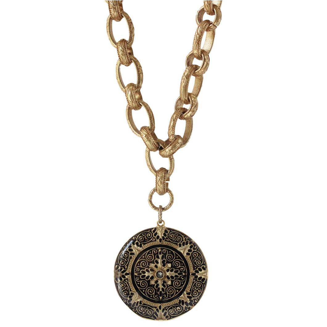 Catherine Popesco 14k Gold Plated Enamel Round Medallion Ornate Pendant Necklace, LE107 Black