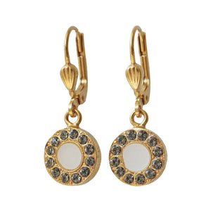 Catherine Popesco Enamel 14k Gold Plated Enamel Small Round Crystal Earrings, 3048G White Gray
