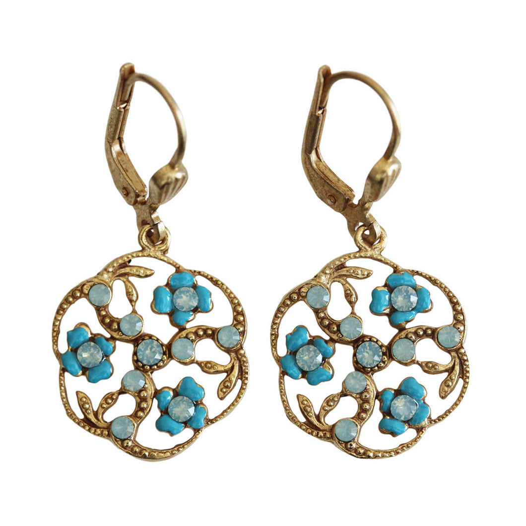 Catherine Popesco 14k Gold Plated Enamel Round Floral Petite Earrings, 3154G Turquoise Pacific Blue