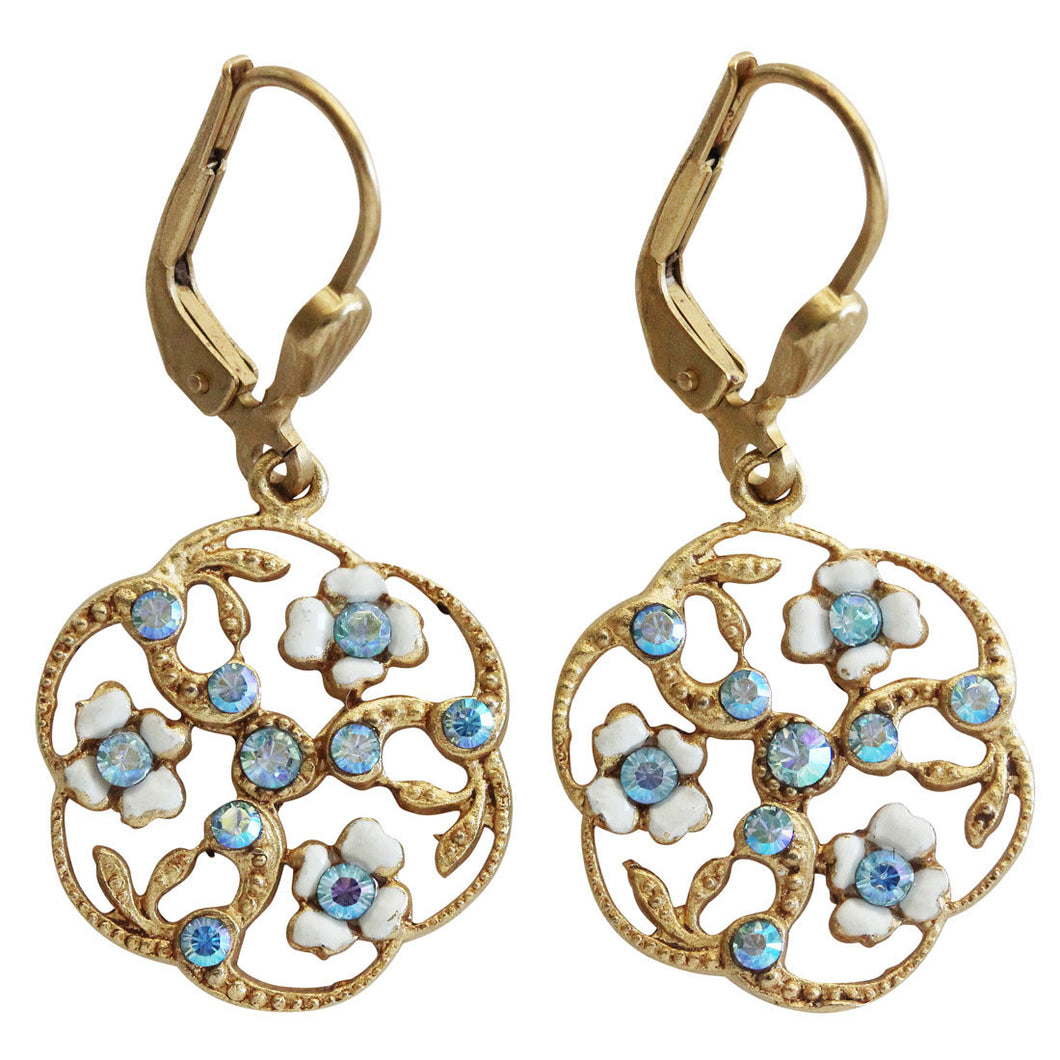 Catherine Popesco 14k Gold Plated Enamel Round Floral Petite Earrings, 3154G White Blue AB