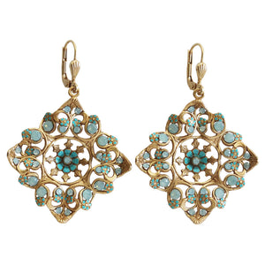 Catherine Popesco 14k Gold Plated Enamel Flower Square Filigree Crystal Earrings, 9623G Pacific Blue