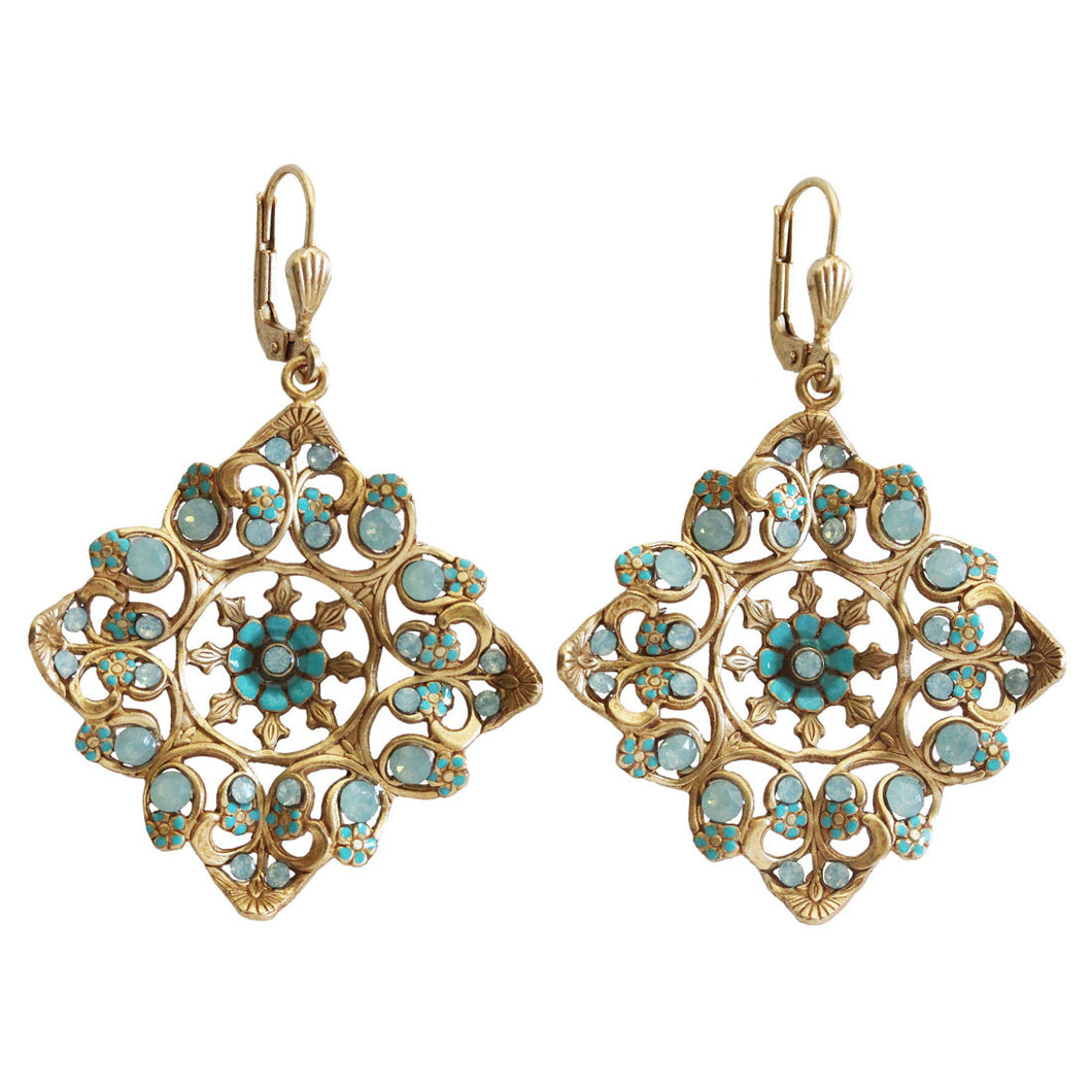 Catherine Popesco 14k Gold Plated Enamel Flower Square Filigree Crystal Earrings, 9623G Pacific Blue