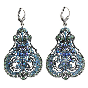 Catherine Popesco Sterling Silver Plated Enamel Contessa Ornate Scroll Statement Chandelier Earrings, 3012 Blue Iridescent Green