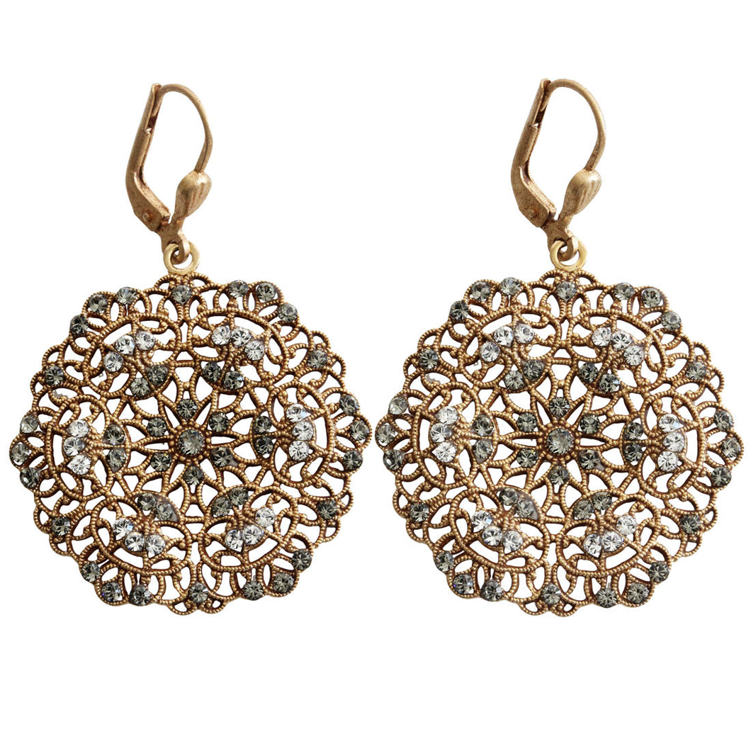 Catherine Popesco 14k Gold Plated Filigree Lace Medallion Earrings, 9702G Clear Gray