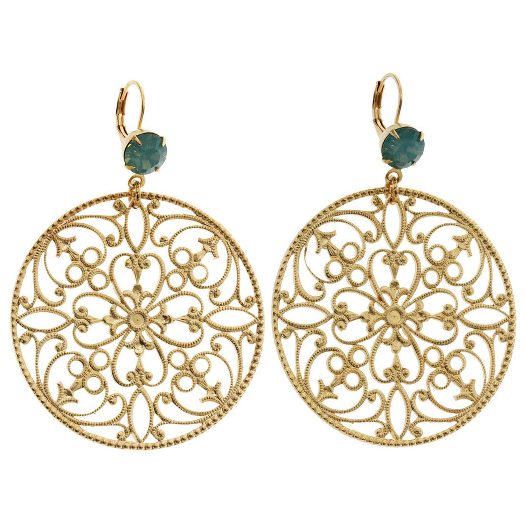 Liz Palacios 14k Gold Plated Hoop Filigree Floral Swarovski Earrings, MAE-9 Pacific Opal