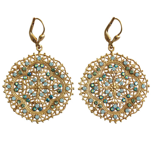 Catherine Popesco 14k Gold Plated Filigree Medallion Crystal Earrings, 4389G Pacific Opal