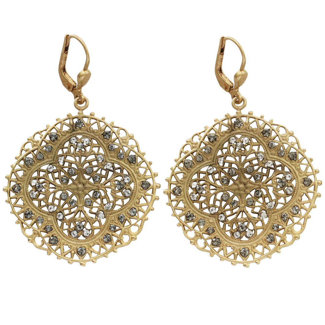 Catherine Popesco 14k Gold Plated Filigree Medallion Crystal Earrings, 4389G Clear Grey