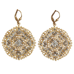 Catherine Popesco Enamel 14k Gold Plated Filigree Medallion Crystal Earrings, 3018G Silver Gray