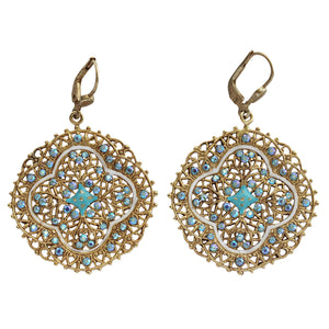 Catherine Popesco Enamel 14k Gold Plated Filigree Medallion Crystal Earrings, 3018G Blue White