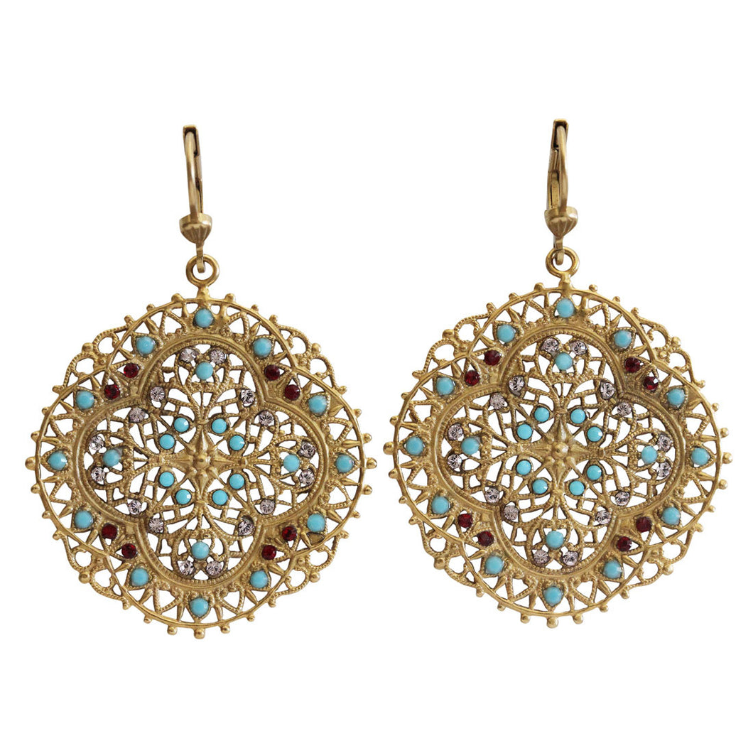Catherine Popesco 14k Gold Plated Filigree Medallion Crystal Earrings, 4389G Blue Red