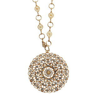 Catherine Popesco 14k Gold Plated Filigree Round Large Lace Medallion Necklace, 18" 1120BG Clear Gray