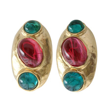 Kenneth Jay Lane Goldtone Simulated Emerald Green Ruby Red Cabochon Oval Clip On Earrings 1662EER