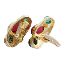 Kenneth Jay Lane Goldtone Simulated Emerald Green Ruby Red Cabochon Oval Clip On Earrings 1662EER