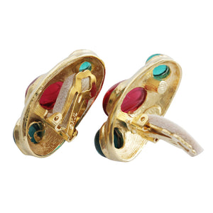 Kenneth Jay Lane Goldtone Simulated Emerald Green Ruby Red Cabochon Oval Clip On Earrings 1662EER