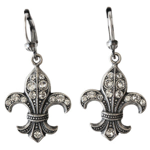 Catherine Popesco Sterling Silver Plated Fleur De Lis Crystal Earrings, 9001B Clear