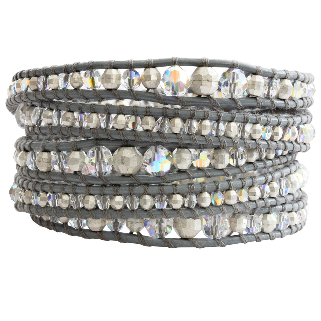 Chan Luu Graduated Crystal AB Sterling Silver Plated Beaded Iceberg Leather Wrap Bracelet BS-3963