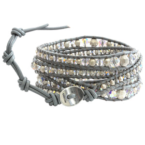 Chan Luu Graduated Crystal AB Sterling Silver Plated Beaded Iceberg Leather Wrap Bracelet BS-3963