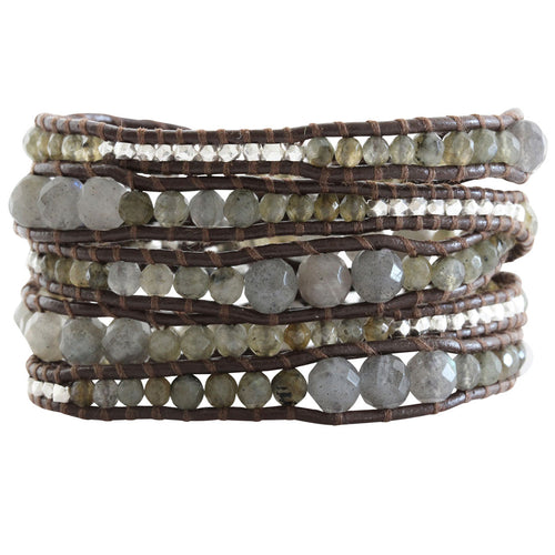 Chan Luu Graduated Labradorite Sterling Silver Nuggets Brown Leather Wrap Bracelet BS-2624