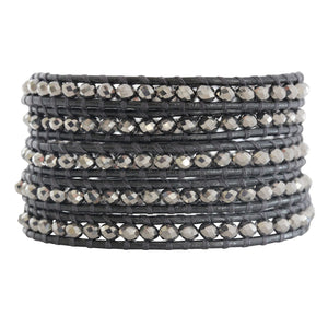 Chan Luu Crystal Coated Silver Gunmetal Leather Wrap Bracelet BS-3469