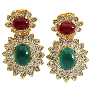 Kenneth Jay Lane Goldtone Jackie Kennedy Simulated Emerald Ruby Cabochon Crystal Rhinestone Drop Clip On Earrings 1137ERE