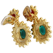 Kenneth Jay Lane Goldtone Jackie Kennedy Simulated Emerald Ruby Cabochon Crystal Rhinestone Drop Clip On Earrings 1137ERE