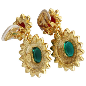 Kenneth Jay Lane Goldtone Jackie Kennedy Simulated Emerald Ruby Cabochon Crystal Rhinestone Drop Clip On Earrings 1137ERE