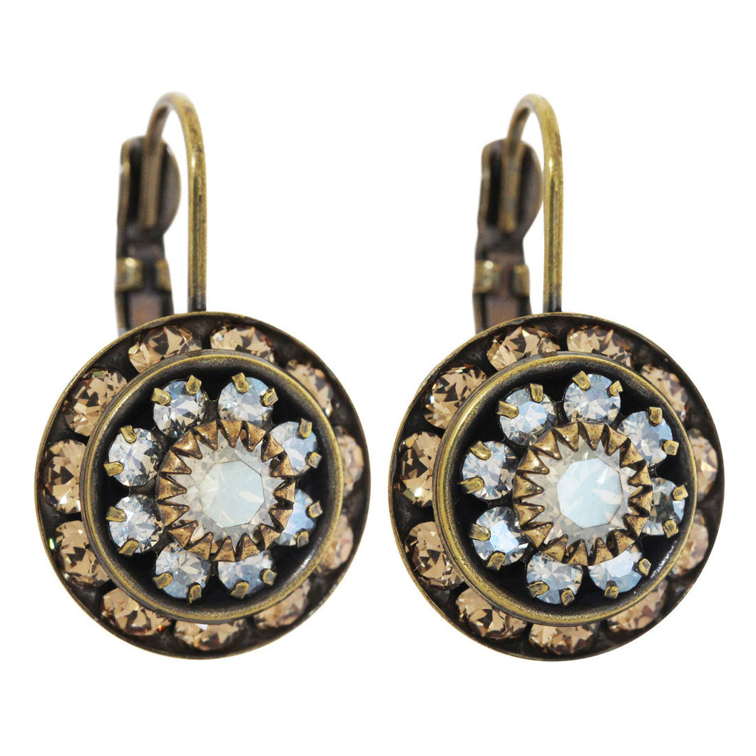 Liz Palacios Antiqued Brass Large Rondelle Blossom Swarovski Crystal Earrings, SE-93 Colorado Moonlight