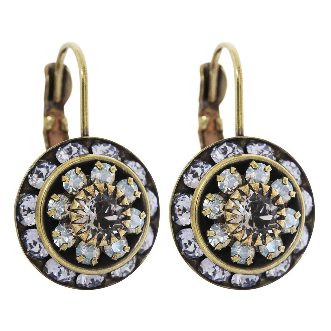 Liz Palacios Antiqued Brass Large Rondelle Blossom Swarovski Crystal Earrings, BSE-44 Light Purple Moonlight Clear