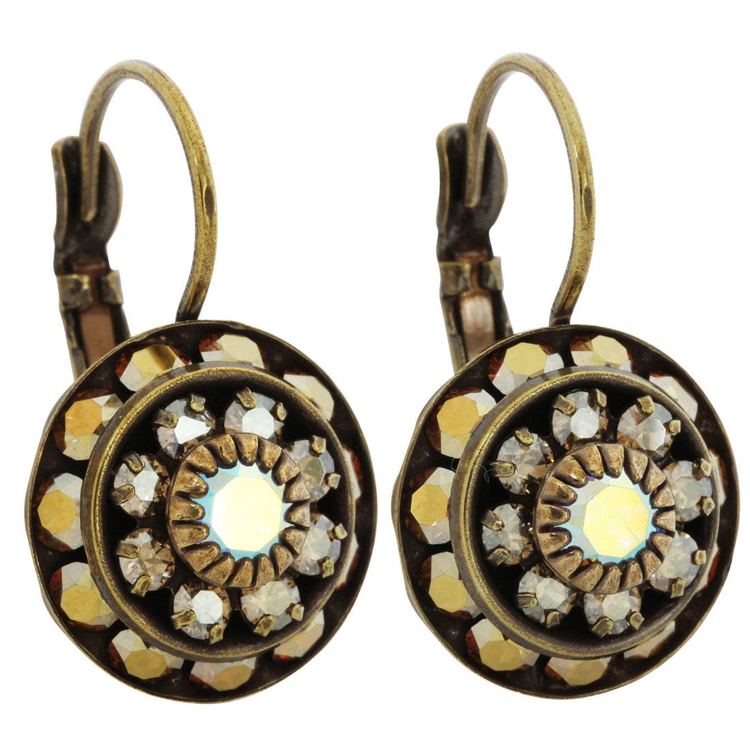 Liz Palacios Antiqued Brass Large Rondelle Blossom Swarovski Crystal Earrings, BDE-6 Antique Neutrals
