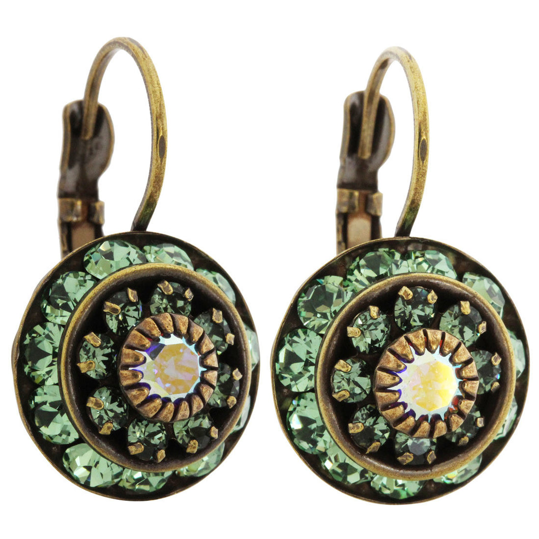 Liz Palacios Antiqued Brass Large Rondelle Blossom Swarovski Crystal Earrings, JE-78 Green AB