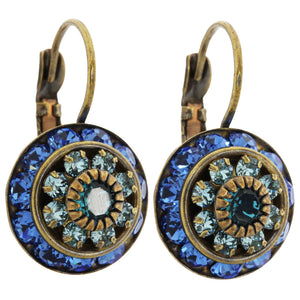 Liz Palacios Antiqued Brass Large Rondelle Blossom Swarovski Crystal Earrings, JE-78 Blue Mix
