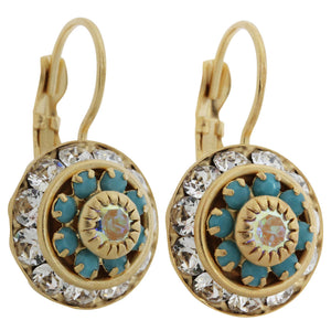 Liz Palacios 14k Gold Plated Large Rondelle Blossom Swarovski Crystal Earrings, BSE-25 Clear Turquoise
