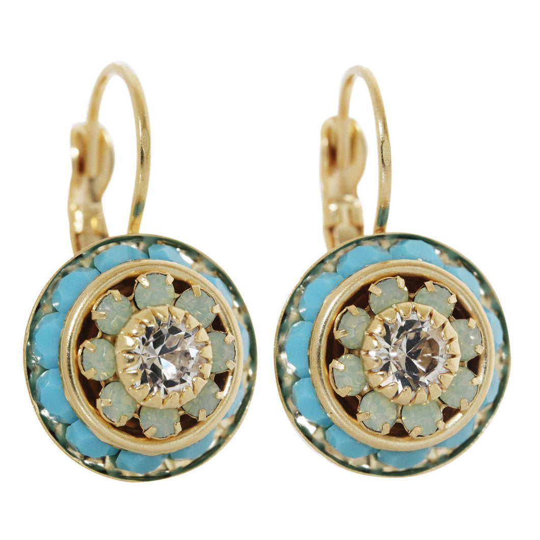 Liz Palacios 14k Gold Plated Large Rondelle Blossom Swarovski Crystal Earrings, SE-88 Turquoise Seafoam