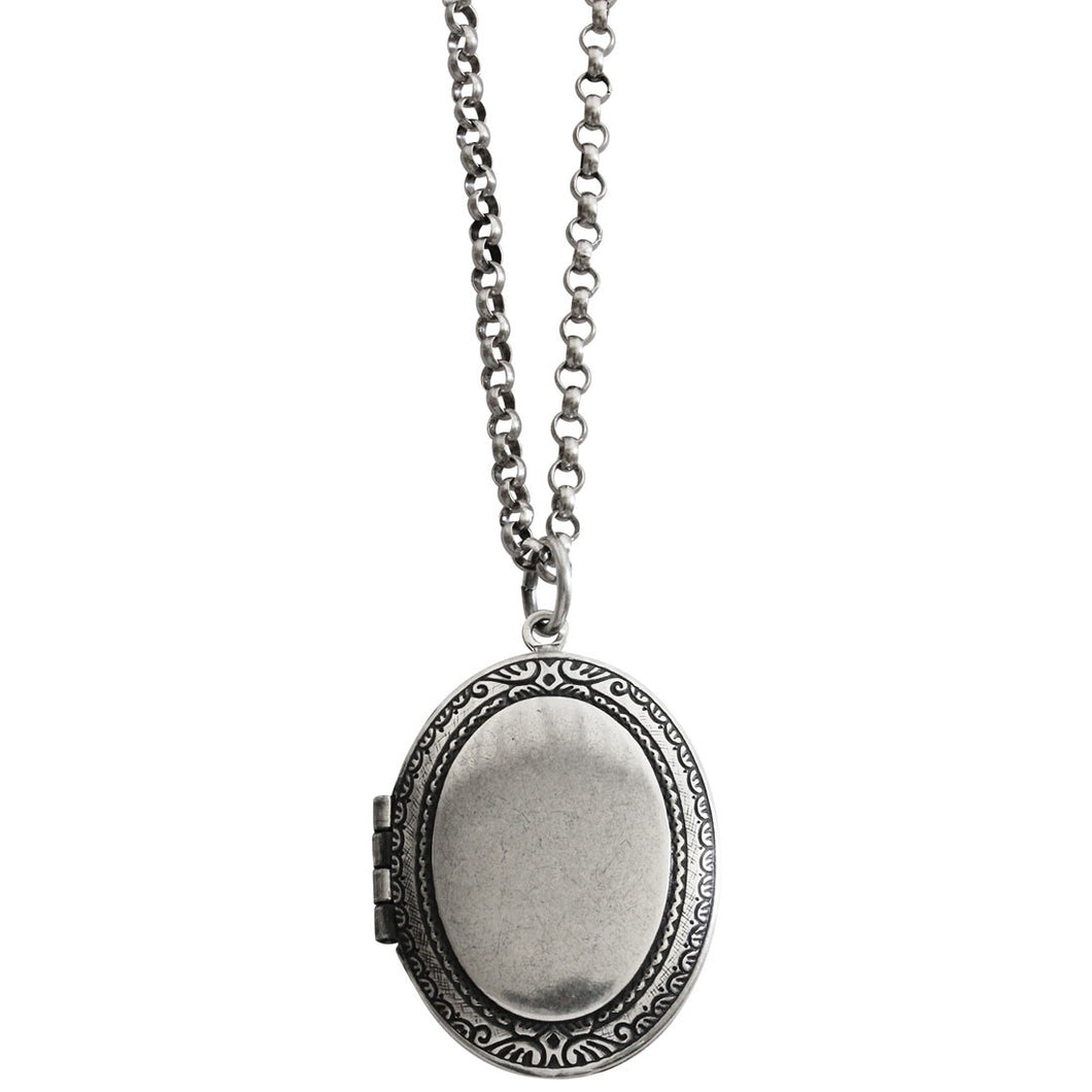 Catherine Popesco Sterling Silver Plated Locket Oval Classic Border Necklace, 16